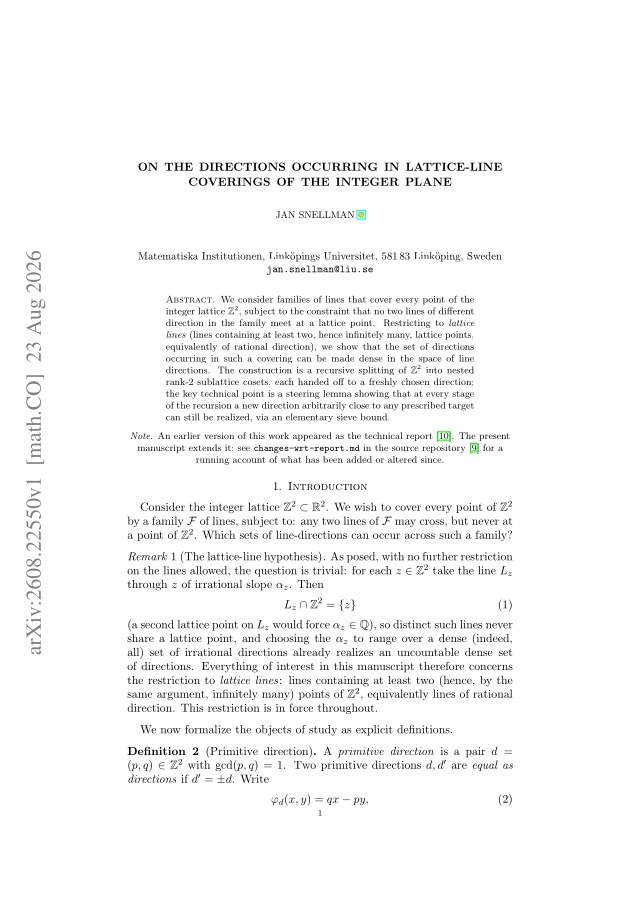 First page of On the directions occurring in lattice-line coverings of the integer plane