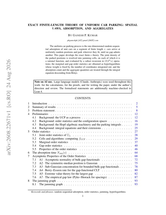 First page of Exact Finite-Length Theory of Uniform Car Parking: Spatial Laws, Absorption, and Aggregation