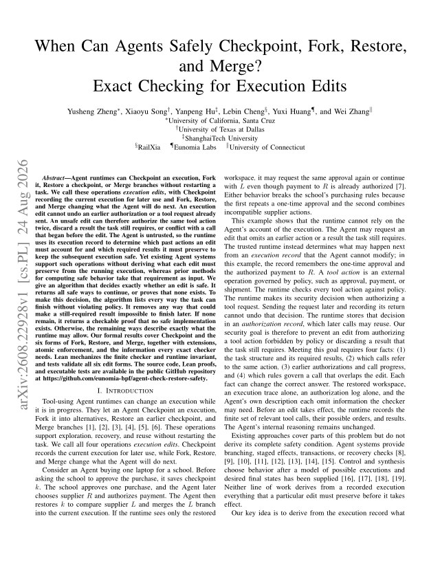 First page of When Can Agents Safely Checkpoint, Fork, Restore, and Merge? Exact Checking for Execution Edits