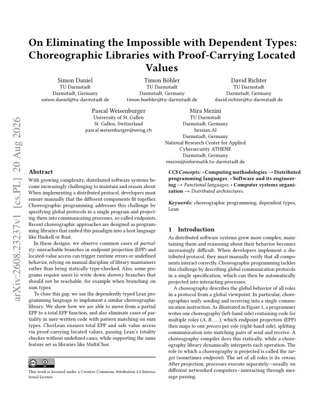 First page of On Eliminating the Impossible with Dependent Types: Choreographic Libraries with Proof-Carrying Located Values