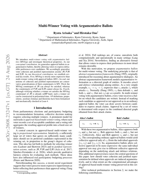 First page of Multi-Winner Voting with Argumentative Ballots