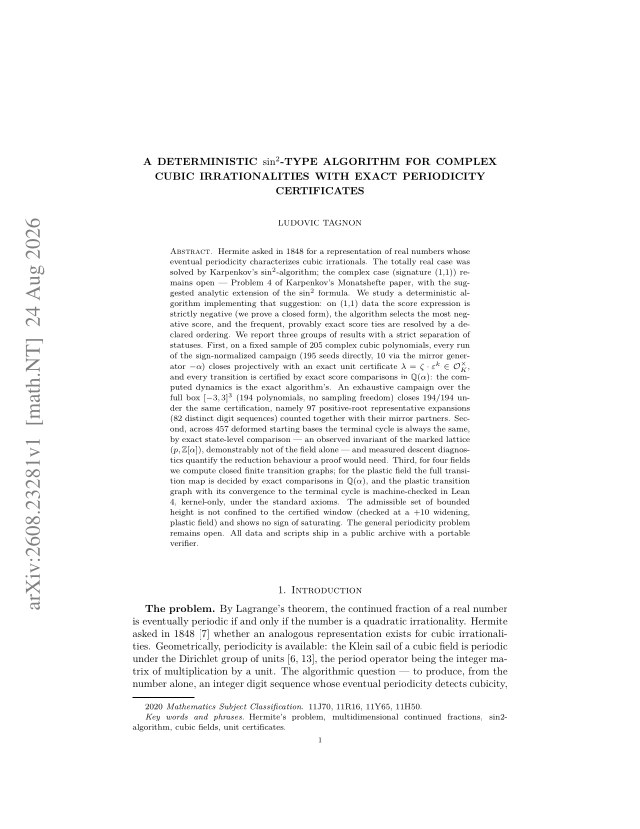 First page of A deterministic sin^2-type algorithm for complex cubic irrationalities with exact periodicity certificates