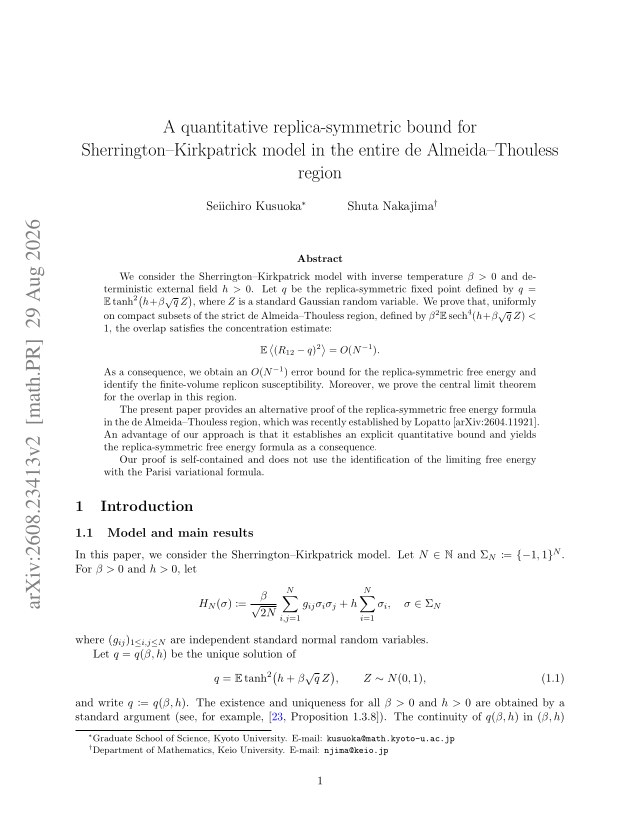 First page of A quantitative replica-symmetric bound for Sherrington–Kirkpatrick model in the entire de Almeida–Thouless region