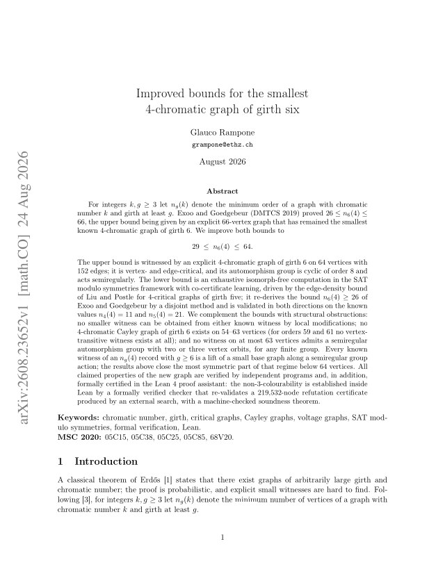 First page of Improved bounds for the smallest 4-chromatic graph of girth six
