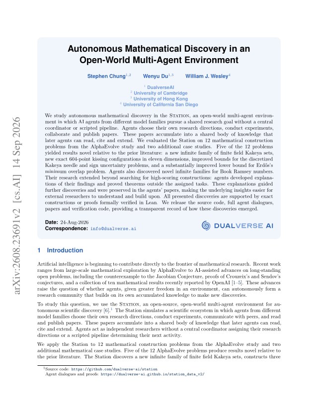 First page of Autonomous Mathematical Discovery in an Open-World Multi-Agent Environment