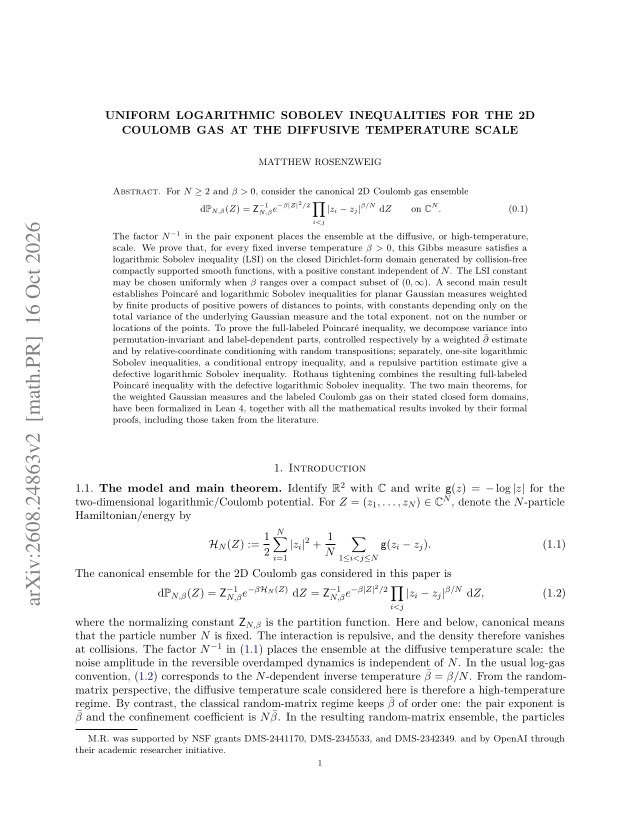 First page of Uniform logarithmic Sobolev inequalities for the 2D Coulomb gas at the diffusive temperature scale