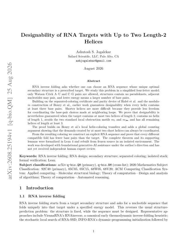 First page of Designability of RNA Targets with Up to Two Length-2 Helices
