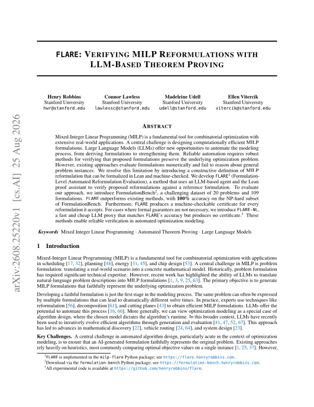 First page of FLARE: Verifying MILP Reformulations with LLM-Based Theorem Proving