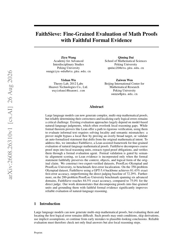 First page of FaithSieve: Fine-Grained Evaluation of Math Proofs with Faithful Formal Evidence