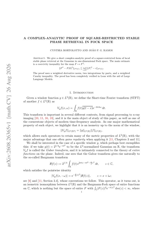 First page of A complex-analytic proof of square-restricted stable phase retrieval in Fock space