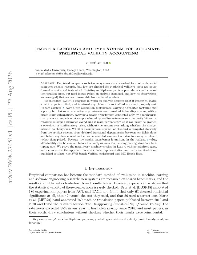 First page of Tacet: A Language and Type System for Automatic Statistical Validity Accounting