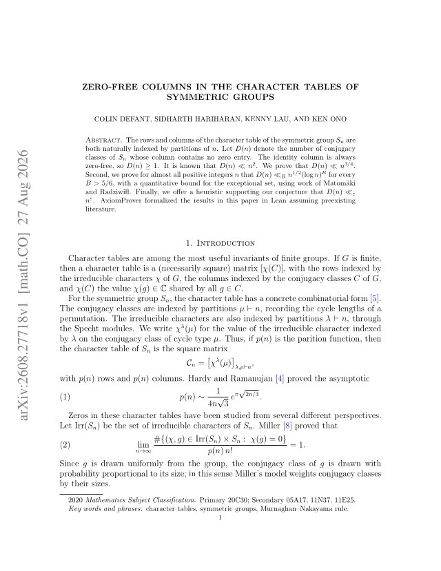 First page of Zero-free columns in character tables of symmetric groups