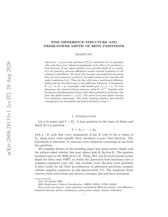 First page of Fine Difference Structure and Prime-Power Depth of Bent Partitions