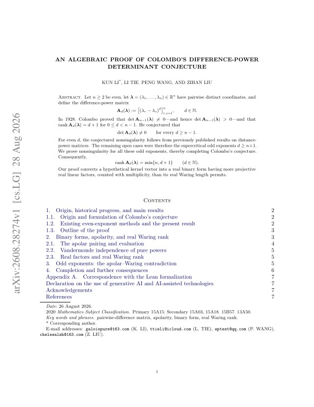 First page of An algebraic proof of Colombo's difference-power determinant conjecture