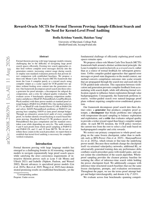 First page of Reward-Oracle MCTS for Formal Theorem Proving: Sample-Efficient Search and the Need for Kernel-Level Proof Auditing