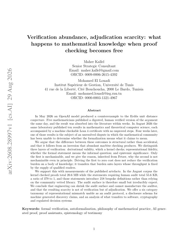 First page of Verification abundance, adjudication scarcity: what happens to mathematical knowledge when proof checking becomes free