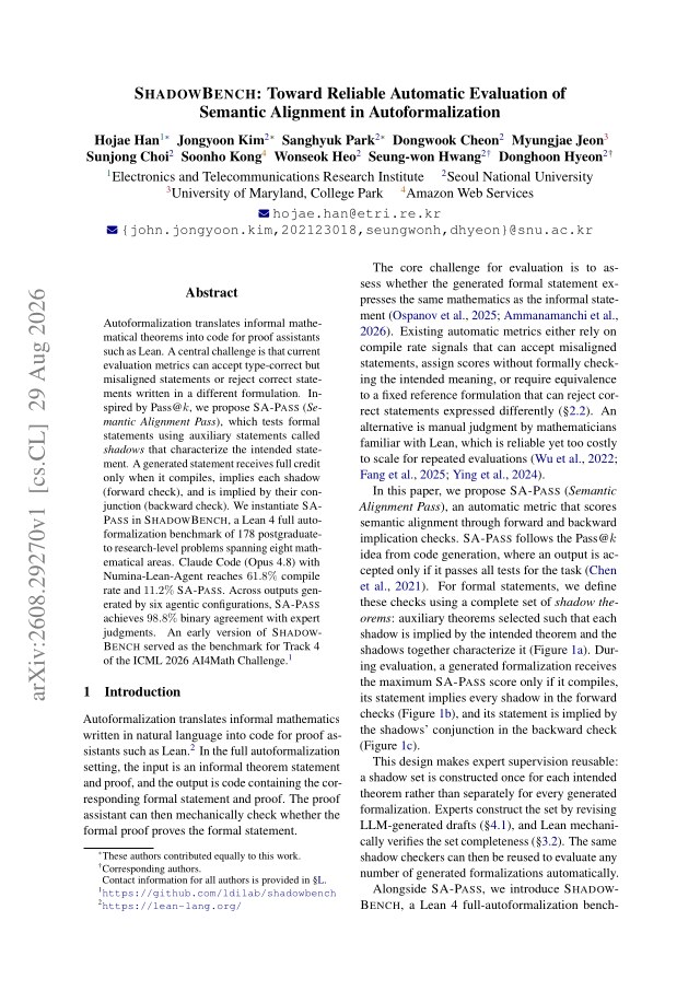 First page of SHADOWBENCH: Toward Reliable Automatic Evaluation of Semantic Alignment in Autoformalization