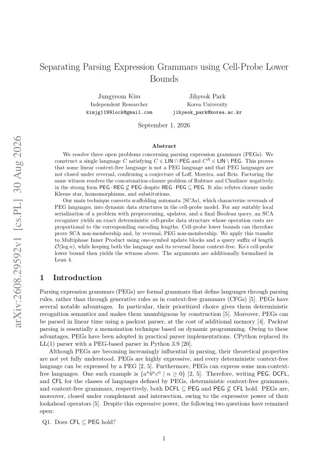 First page of Separating Parsing Expression Grammars using Cell-Probe Lower Bounds