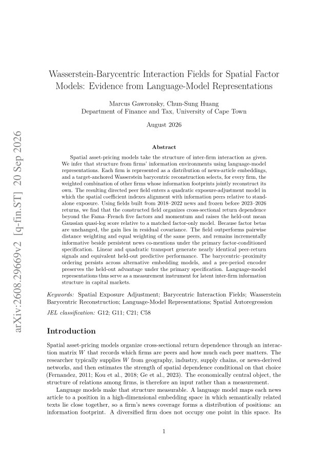 First page of Wasserstein-Barycentric Interaction Fields for Spatial Factor Models: Evidence from Language-Model Representations
