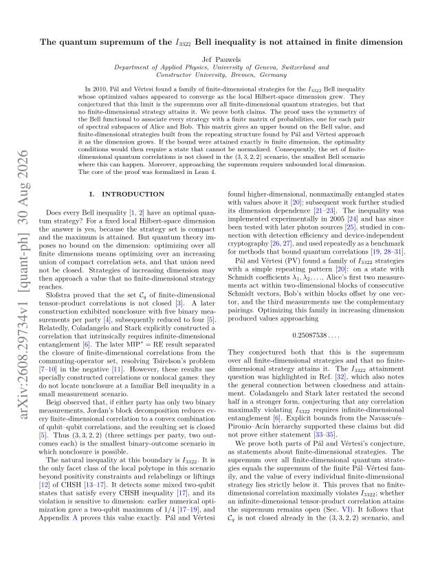 First page of The quantum supremum of the $I_{3322}$ Bell inequality is not attained in finite dimension