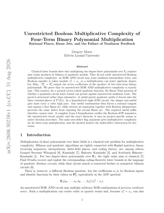 First page of Unrestricted Boolean Multiplicative Complexity of Four-Term Binary Polynomial Multiplication: Rational Places, Hasse Jets, and the Failure of Nonlinear Feedback