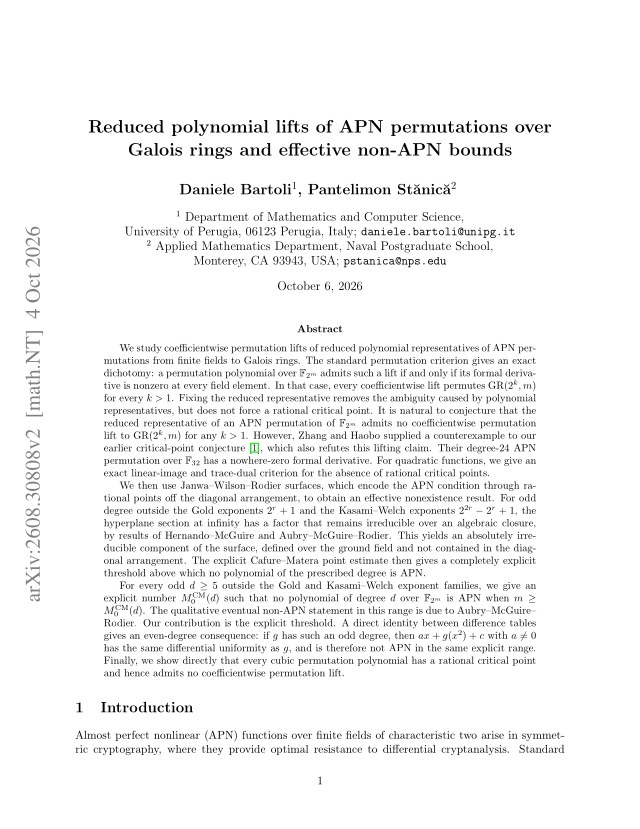 First page of Reduced polynomial lifts of APN permutations over Galois rings and effective non-APN bounds