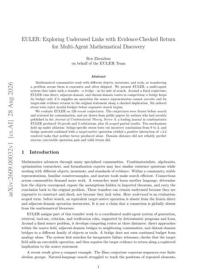 First page of EULER: Exploring Underused Links with Evidence-Checked Return for Multi-Agent Mathematical Discovery