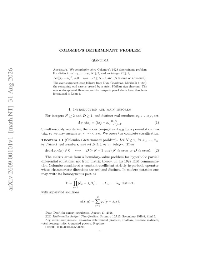First page of Colombo's Determinant Problem