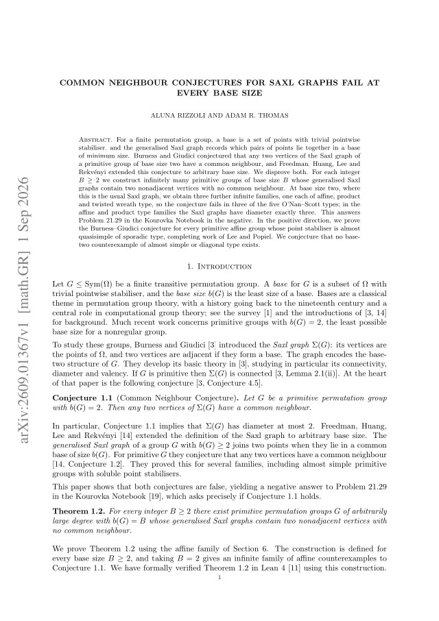 First page of Common neighbour conjectures for Saxl graphs fail at every base size