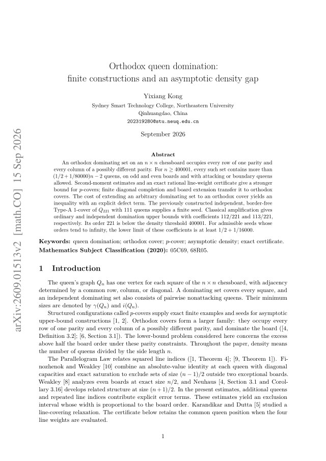 First page of Orthodox queen domination: finite constructions and an asymptotic density gap