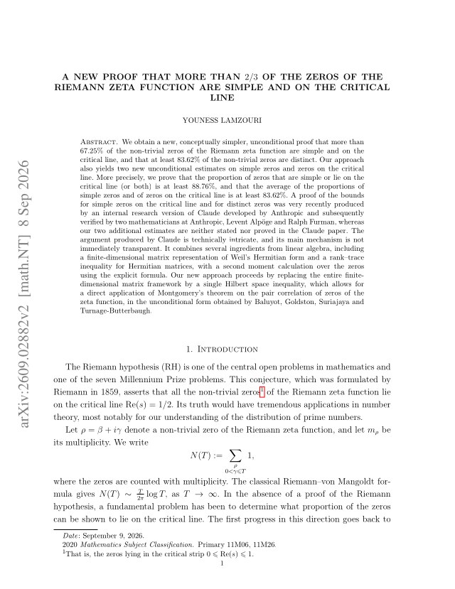 First page of A new proof that more than $2/3$ of the zeros of the Riemann zeta function are simple and on the critical line