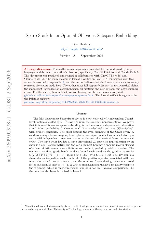 First page of SparseStack Is an Optimal Oblivious Subspace Embedding