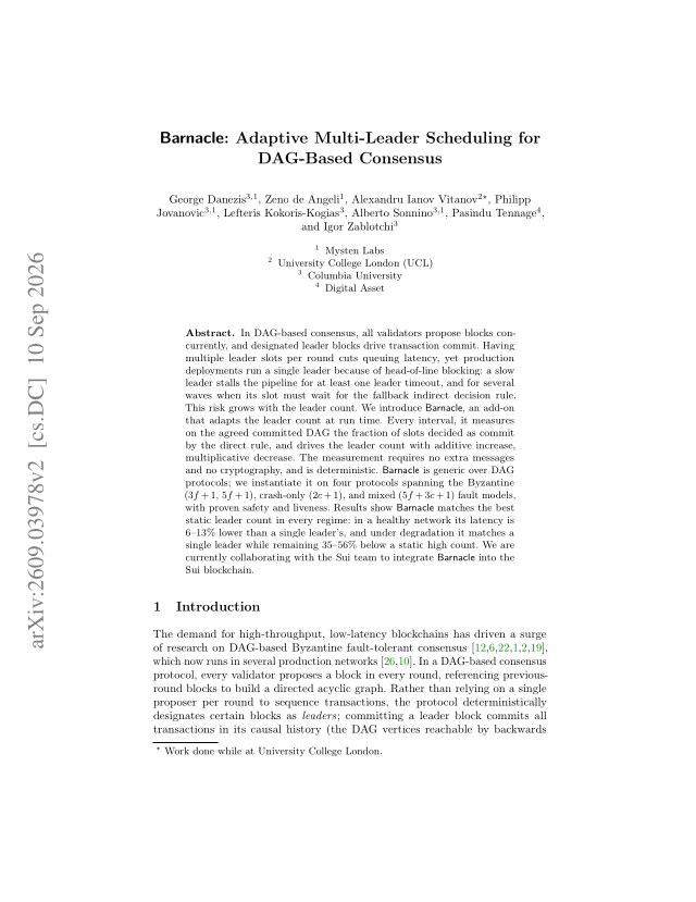 First page of Barnacle: Adaptive Multi-Leader Scheduling for DAG-Based Consensus