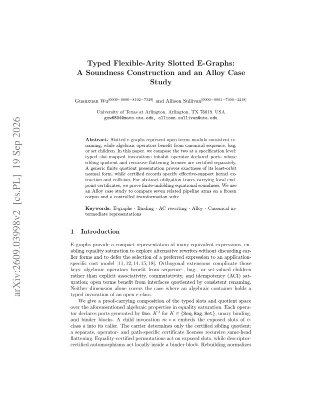 First page of Typed Flexible-Arity Slotted E-Graphs: A Soundness Construction and an Alloy Case Study