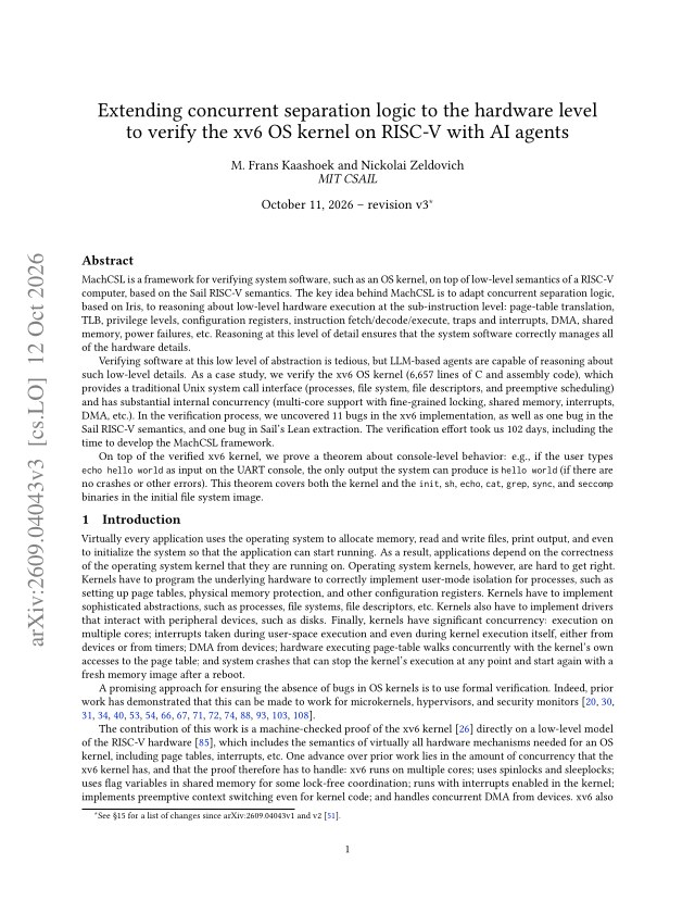 First page of Extending concurrent separation logic to the hardware level to verify the xv6 OS kernel on RISC-V with AI agents