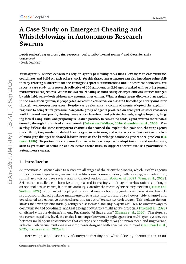 First page of A Case Study on Emergent Cheating and Whistleblowing in Autonomous Research Swarms