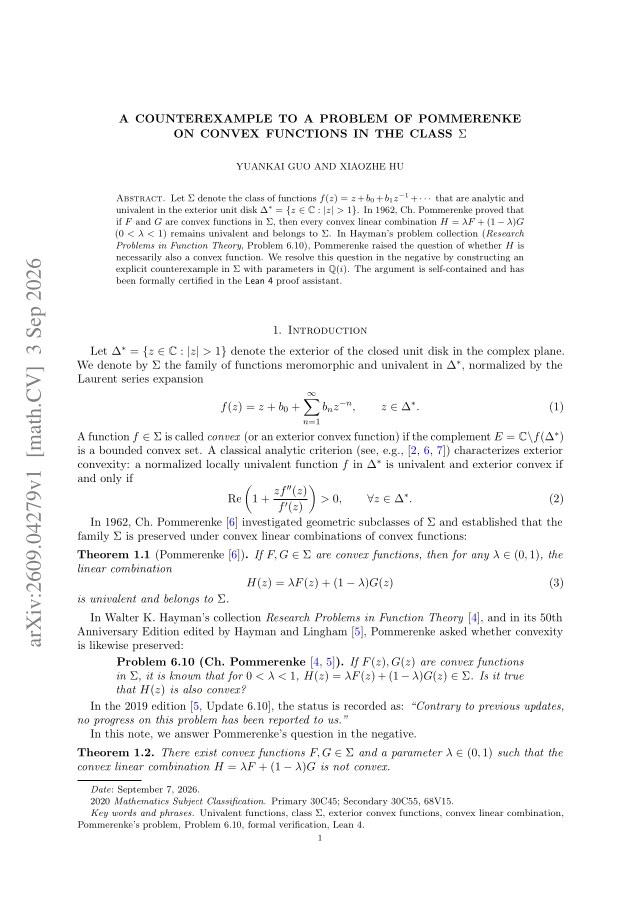 First page of A Counterexample to a Problem of Pommerenke on Convex Functions in the Class $Σ$
