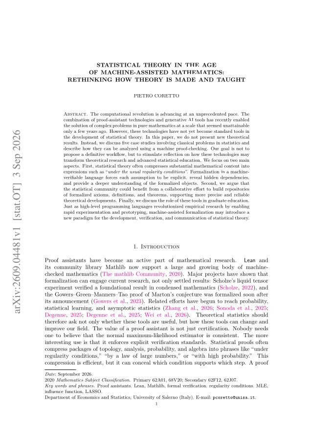 First page of Statistical Theory in the Age of Machine-Assisted Mathematics: Rethinking How Theory Is Made and Taught