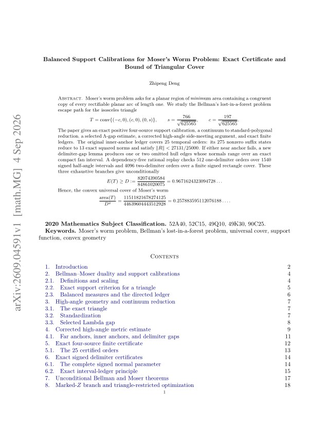First page of Balanced Support Calibrations for Moser's Worm Problem: Exact Certificate and Bound of Triangular Cover