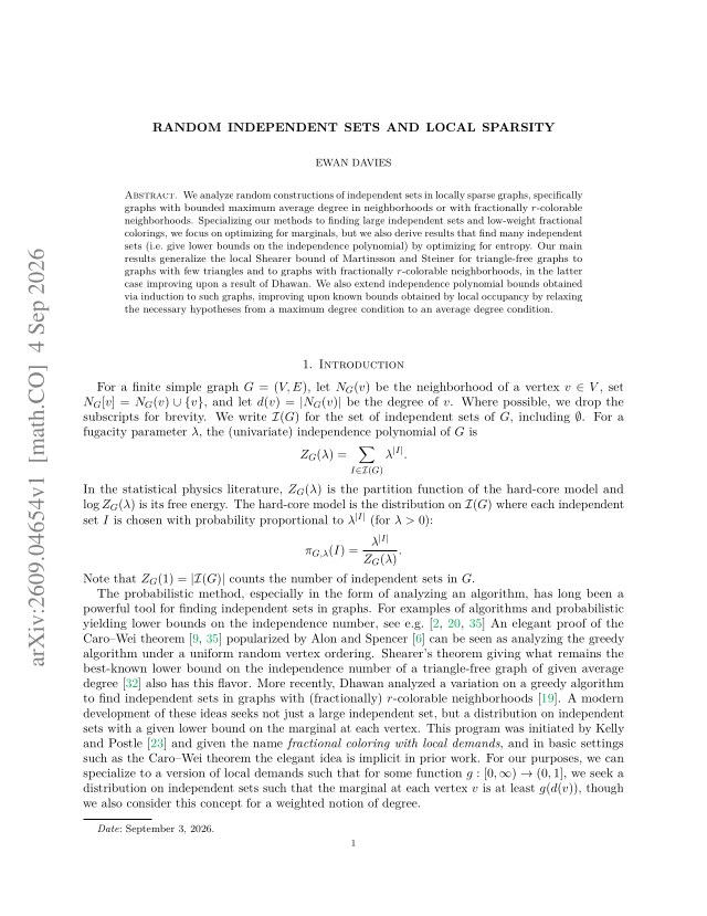 First page of Random independent sets and local sparsity