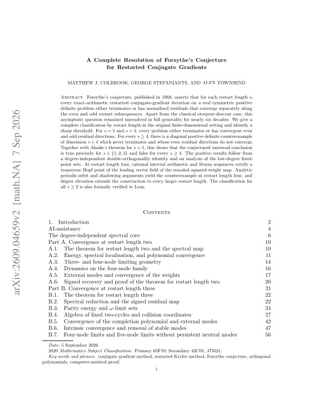 First page of A Complete Resolution of Forsythe's Conjecture for Restarted Conjugate Gradients