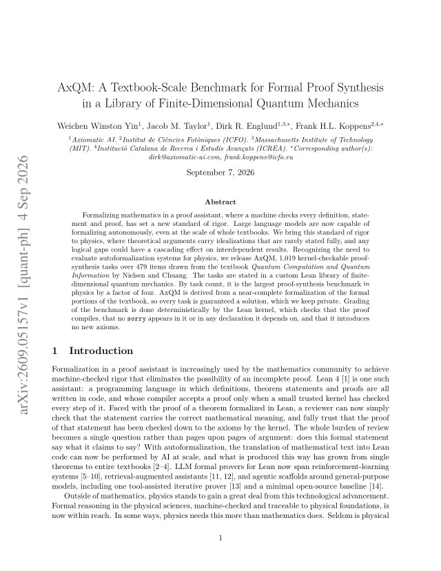 First page of AxQM: A Textbook-Scale Benchmark for Formal Proof Synthesis in a Library of Finite-Dimensional Quantum Mechanics