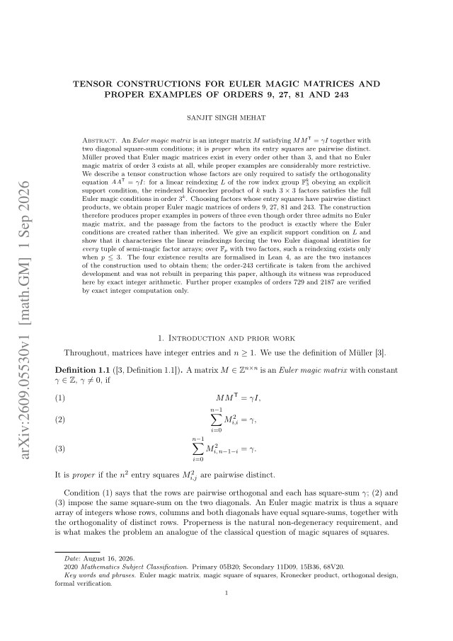 First page of Tensor constructions for Euler magic matrices and proper examples of orders 9, 27, 81 and 243