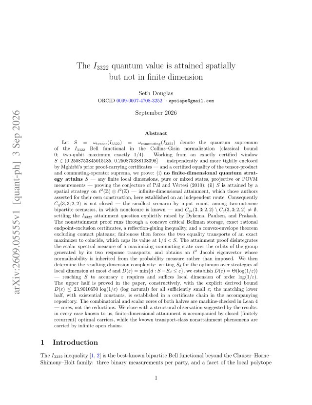 First page of The I3322 quantum value is attained spatially but not in finite dimension