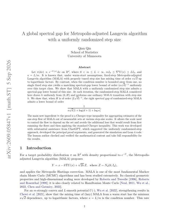 First page of A global spectral gap for Metropolis-adjusted Langevin algorithm with a uniformly randomized step size