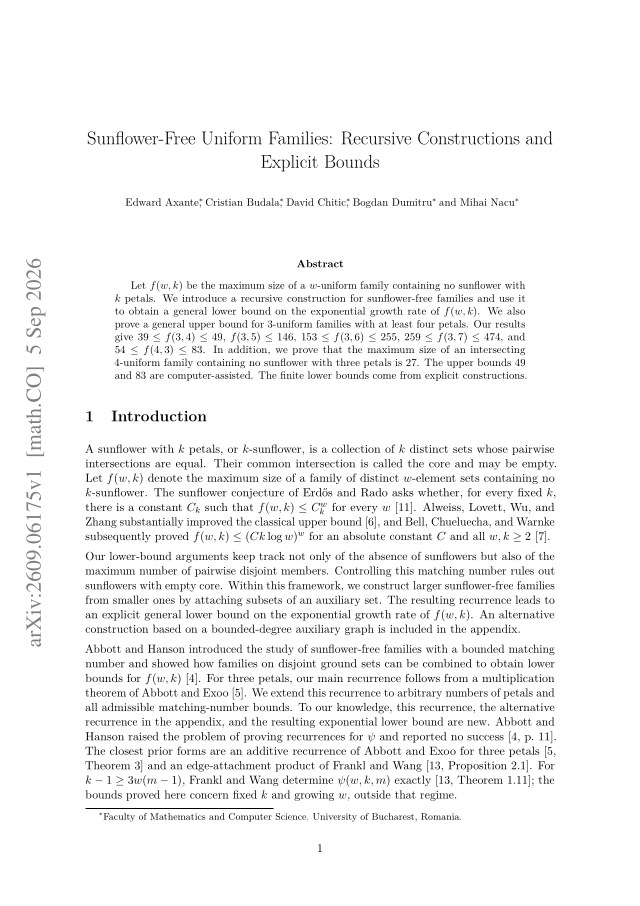 First page of Sunflower-Free Uniform Families: Recursive Constructions and Explicit Bounds