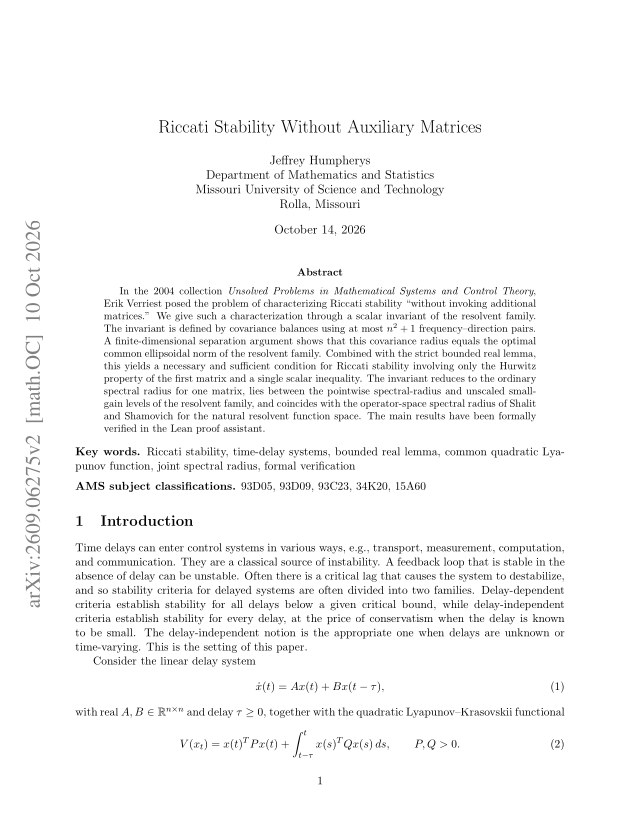 First page of Riccati Stability Without Auxiliary Matrices
