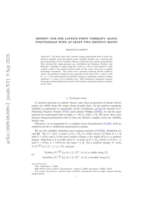 First page of Density one for lattice point visibility along polynomials with at least two distinct roots