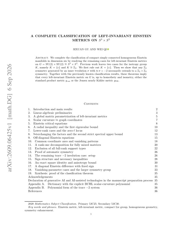 First page of A complete classification of left-invariant Einstein metrics on $S^3\times S^3$