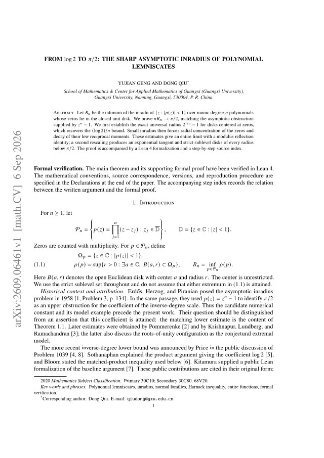 First page of From $\log 2$ to $π/2$: the sharp asymptotic inradius of polynomial lemniscates